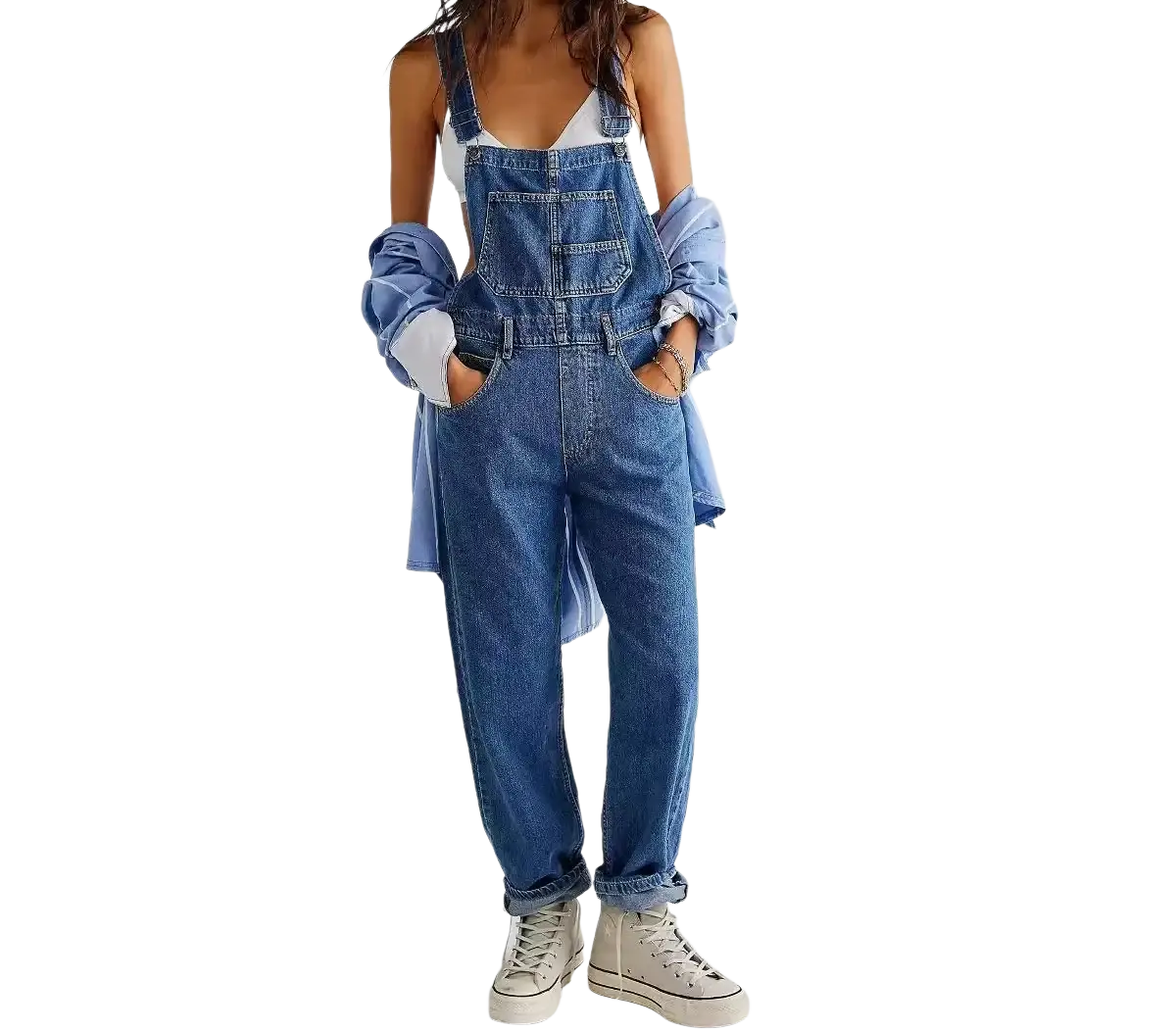 Blue denim overalls for women with a classic slightly faded wash and sturdy stitching wide leg casual pants