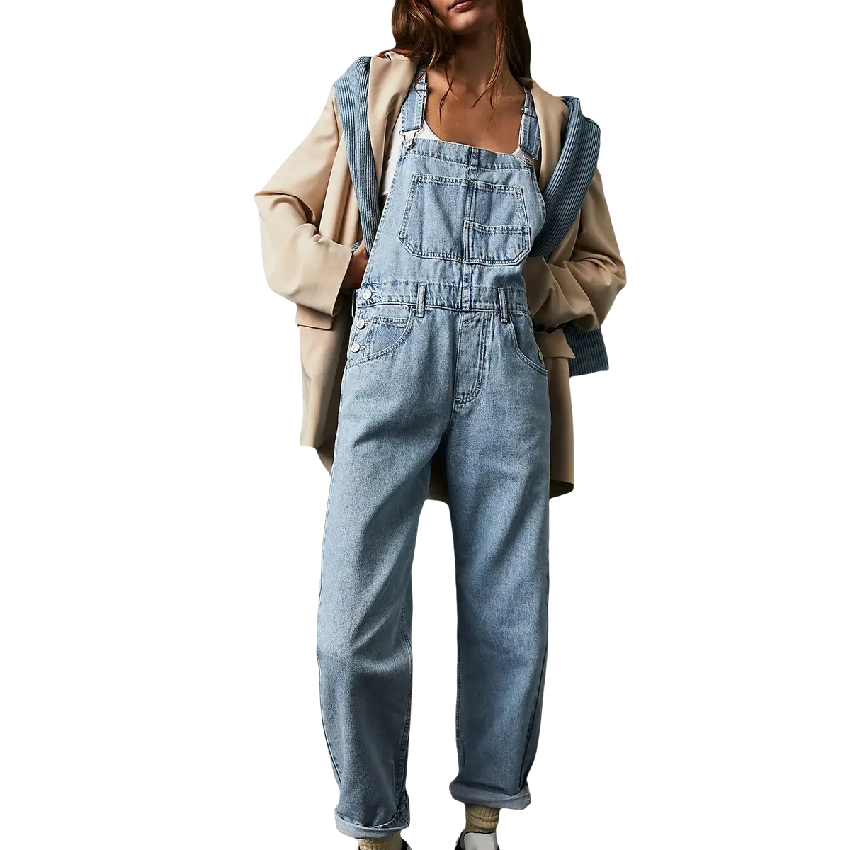 Light-wash denim overalls with classic design multiple pockets loose casual wide leg pants for women