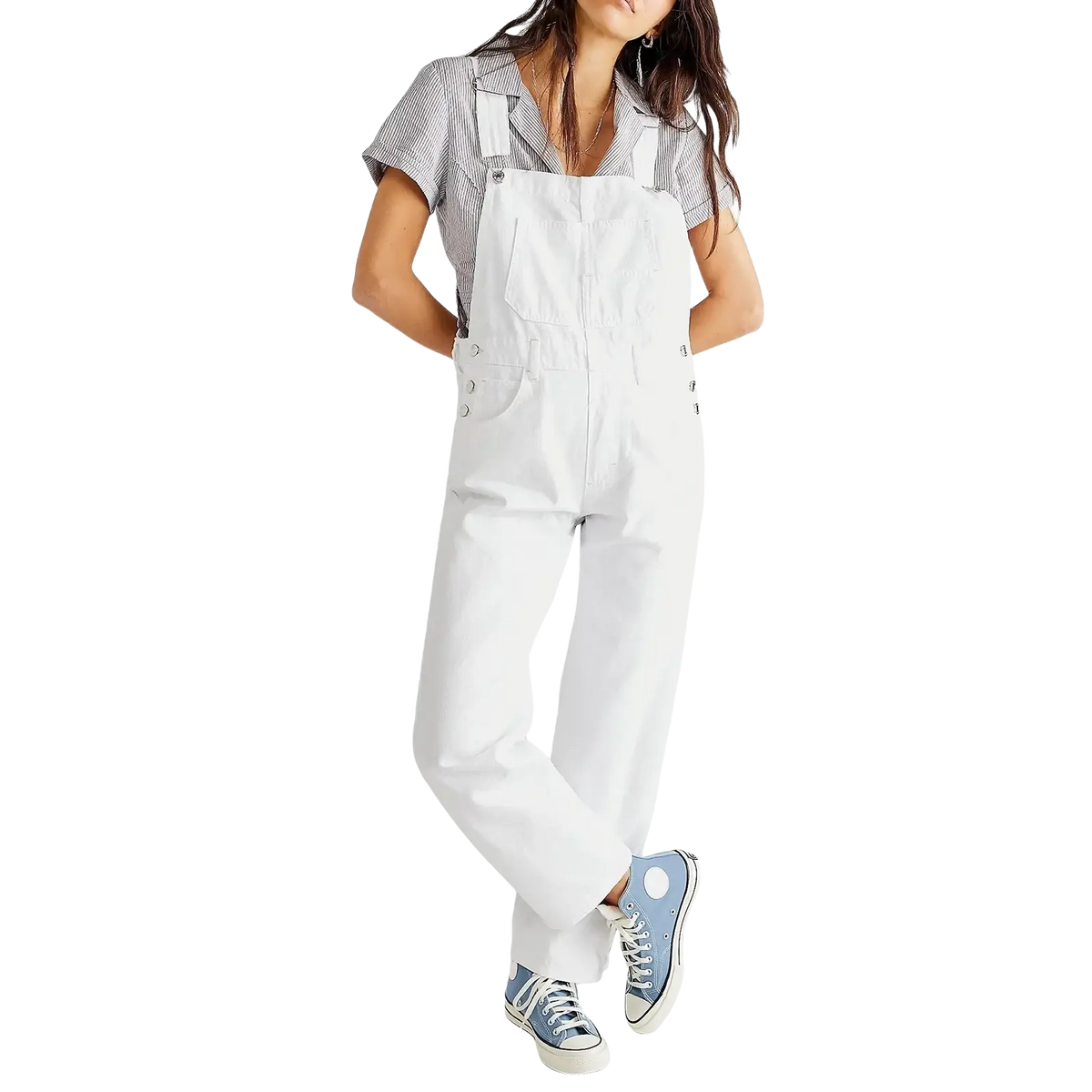 White denim overalls with loose casual wide leg pants featuring a classic relaxed fit and buttoned straps for women