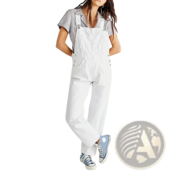 White denim overalls with loose casual wide leg pants featuring a classic relaxed fit and buttoned straps for women
