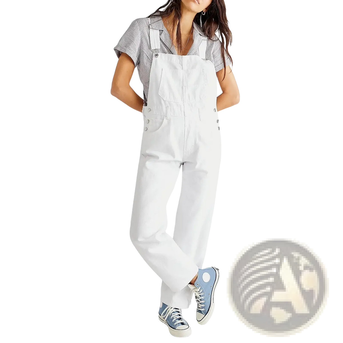 White denim overalls with loose casual wide leg pants featuring a classic relaxed fit and buttoned straps for women