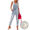 Light-wash denim overalls jumpsuit with ripped distressed details and rolled cuffs in a casual design