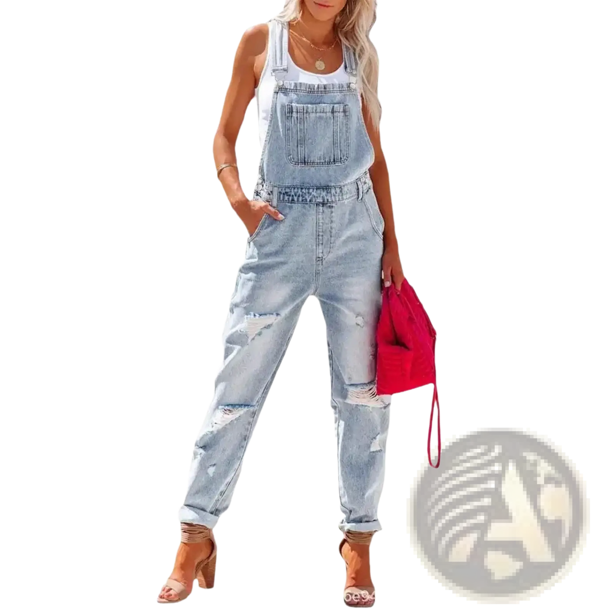 Light-wash denim overalls jumpsuit with distressed ripped details and rolled cuffs in a casual style