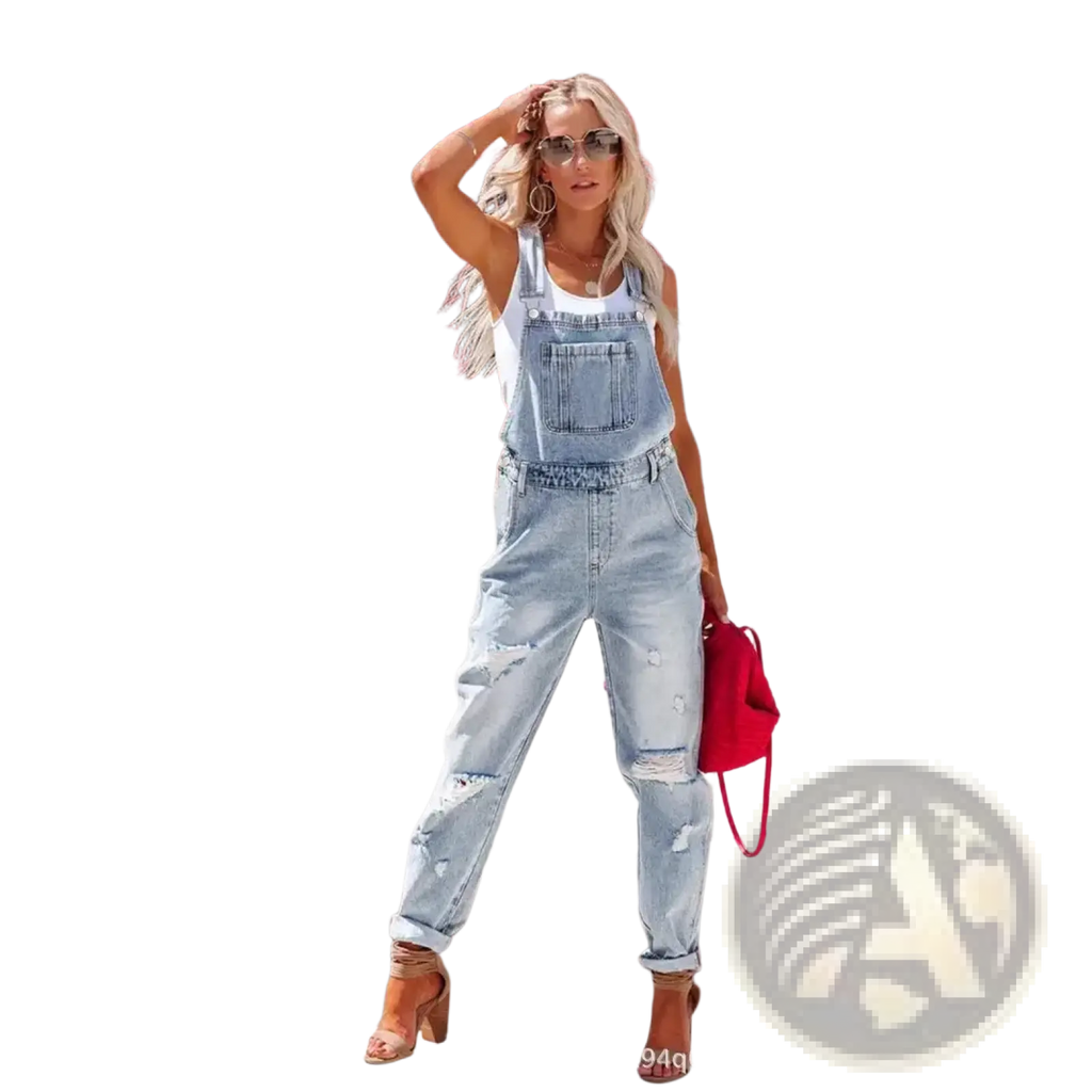 Light-wash denim overalls with ripped details and rolled cuffs in a casual jumpsuit style for everyday wear