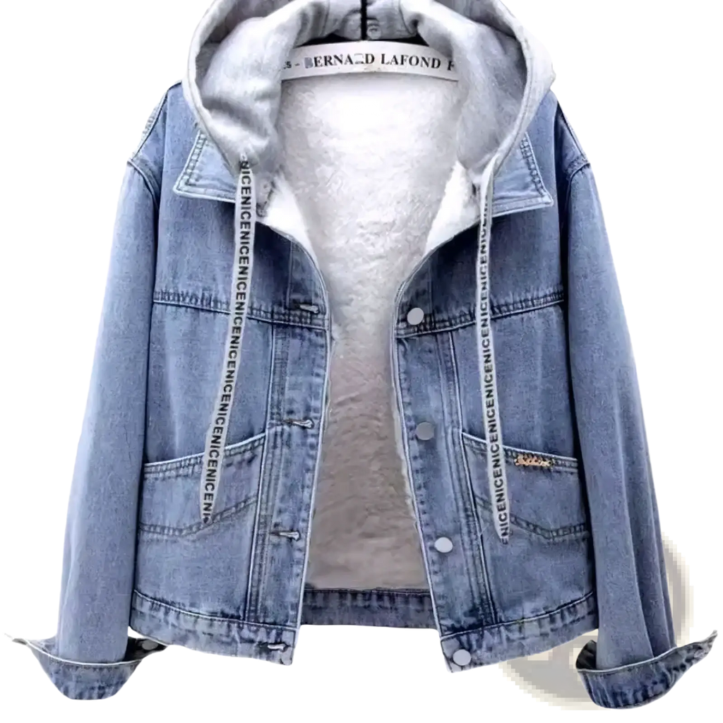 Light-wash denim padded winter jacket for women with gray fleece lining and nicenicenicenice text on drawstrings