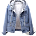 Light-wash denim padded winter jacket for women with gray fleece lining and nicenicenicenice text on drawstrings