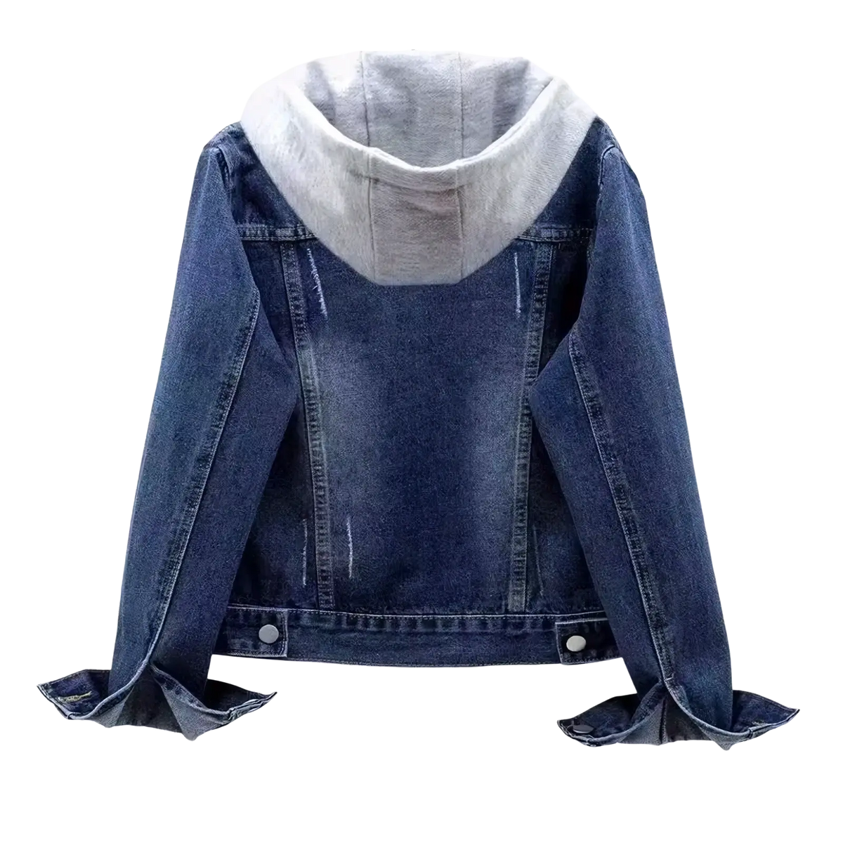 Blue denim padded winter jacket with contrasting gray fleece-lined hood for women