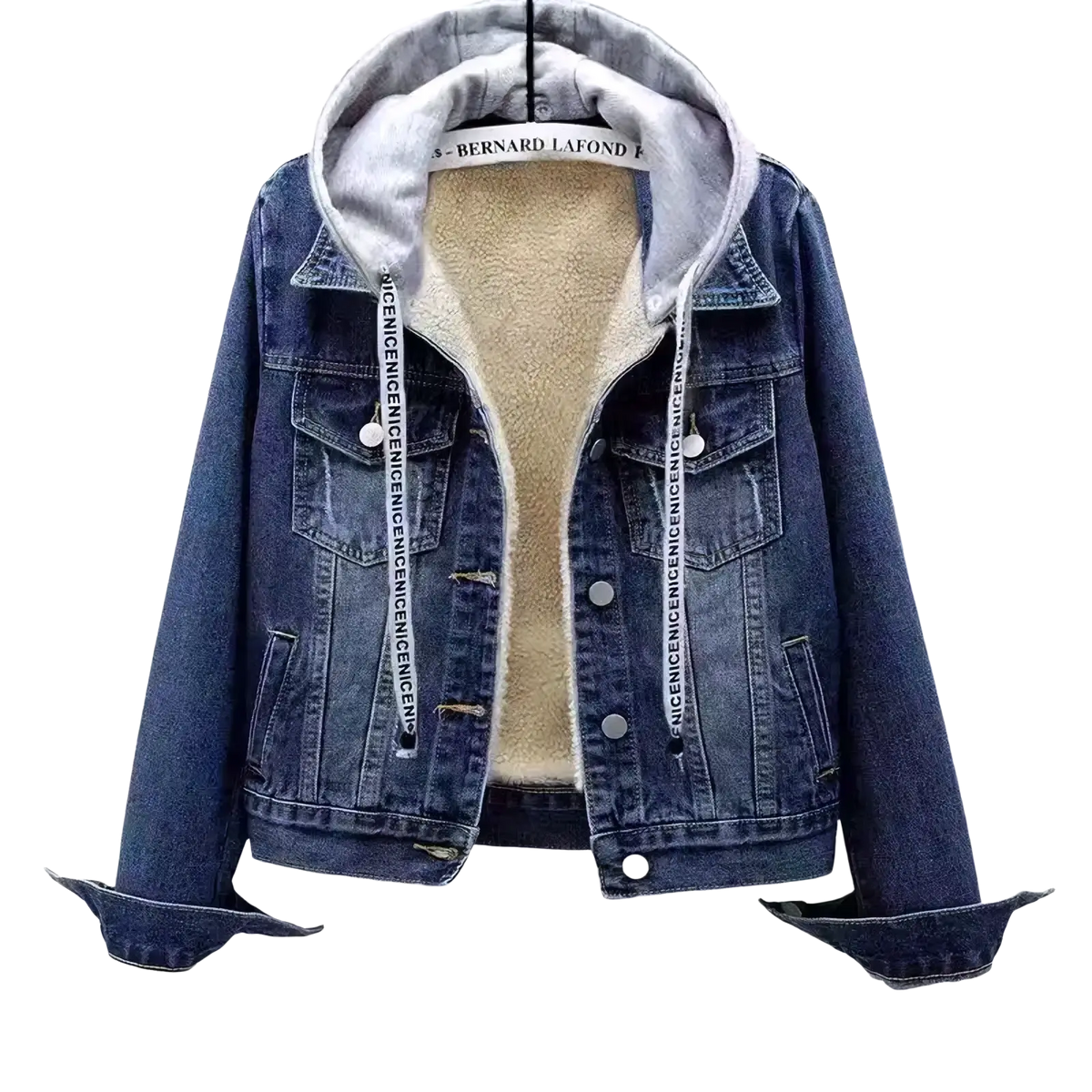 Blue denim padded winter jacket for women with gray fleece-lined hood and white lettering on drawstring cords