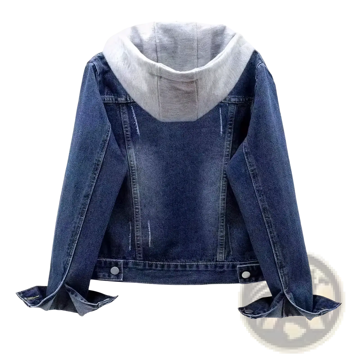 Blue denim padded winter jacket with contrasting gray fleece-lined hood for women