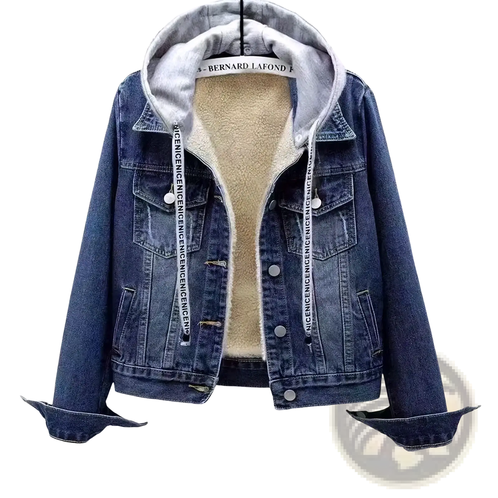 Blue denim padded winter jacket for women with fleece lined hood and silver toned buttons