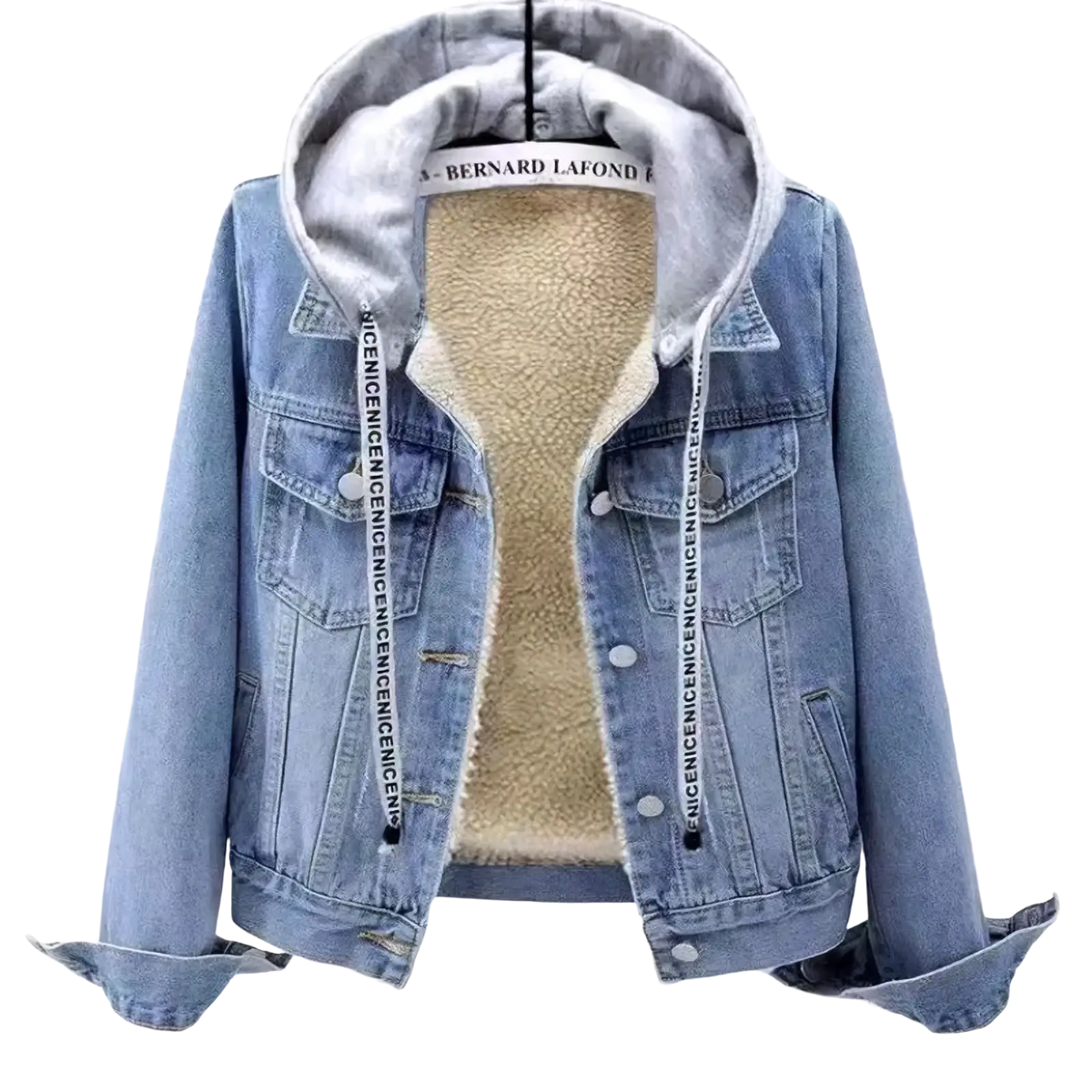 Light blue denim padded winter jacket for women with beige fleece lining and gray interior hoodie trim