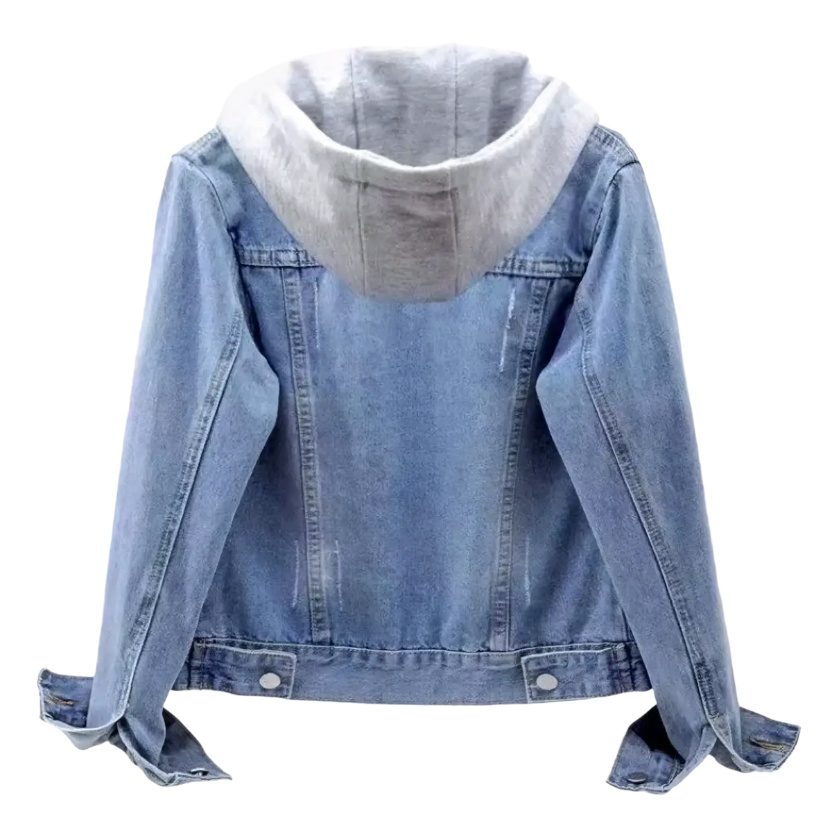 Light blue denim padded winter jacket for women with contrasting gray fleece lined hood