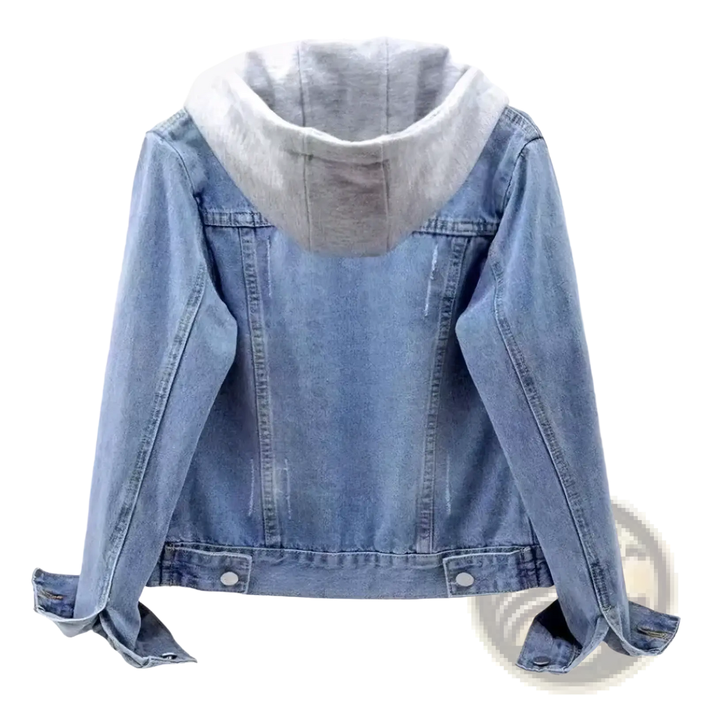 Light blue denim padded winter jacket for women with contrasting gray fleece lined hood