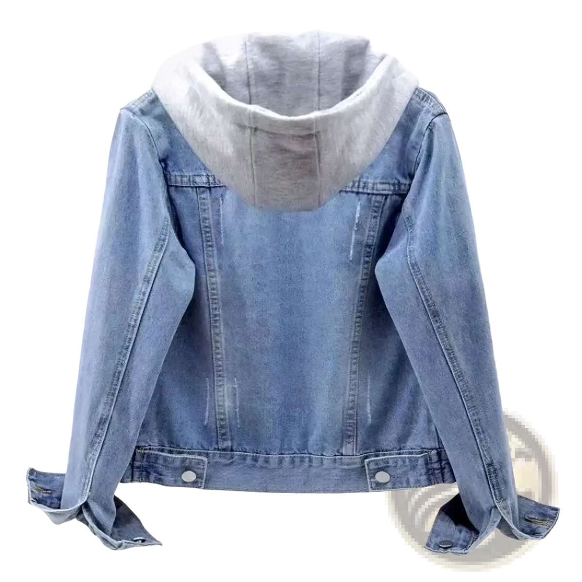 Light blue denim padded winter jacket for women with contrasting gray fleece lined hood