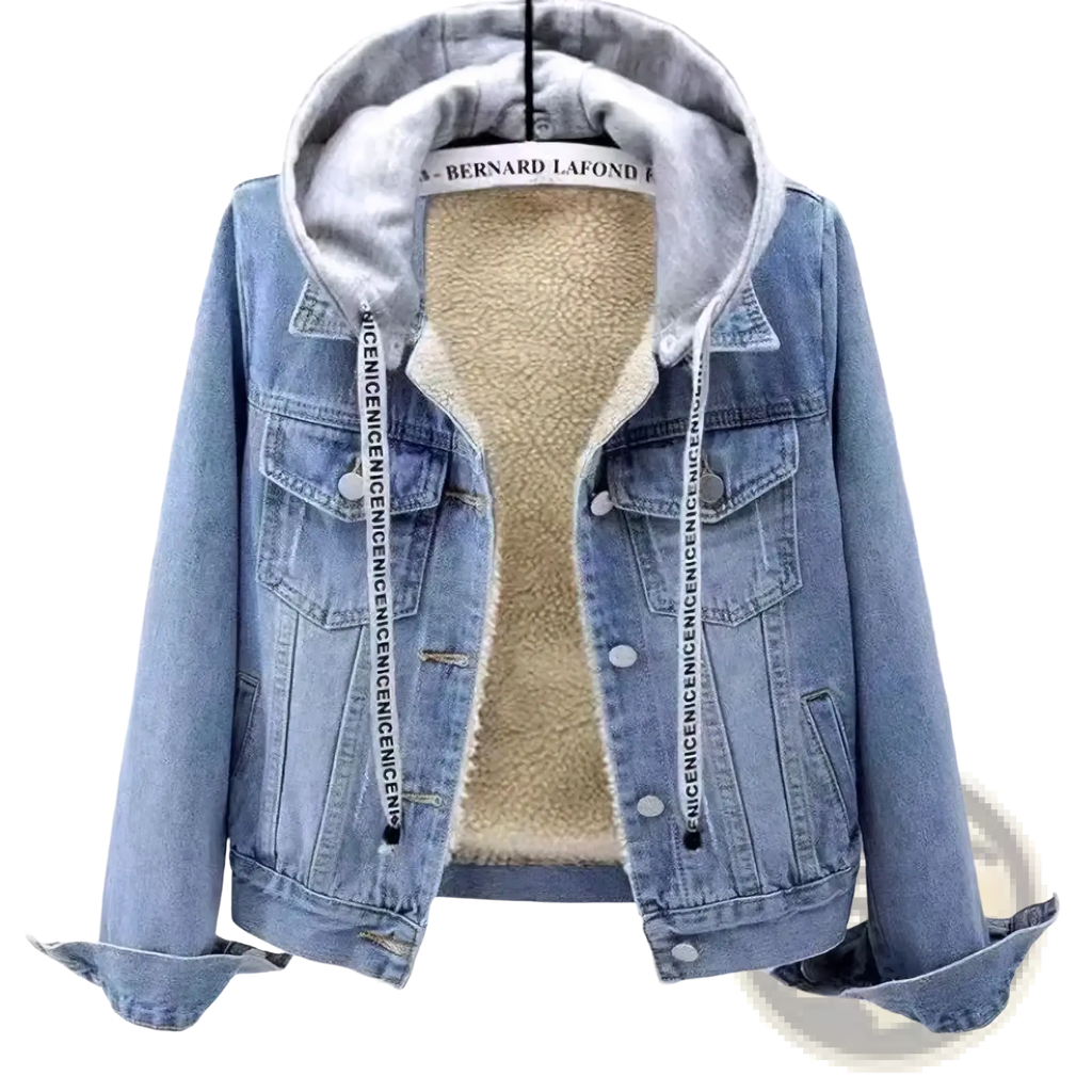 Light blue denim padded winter jacket for women with beige fleece lining and gray interior hoodie trim