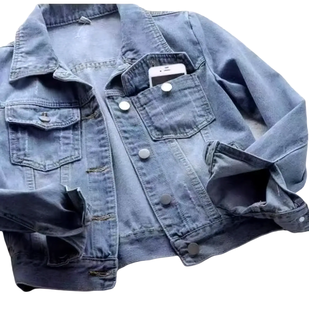 A light-wash denim padded winter jacket for women with fleece lining and a smartphone in a chest pocket