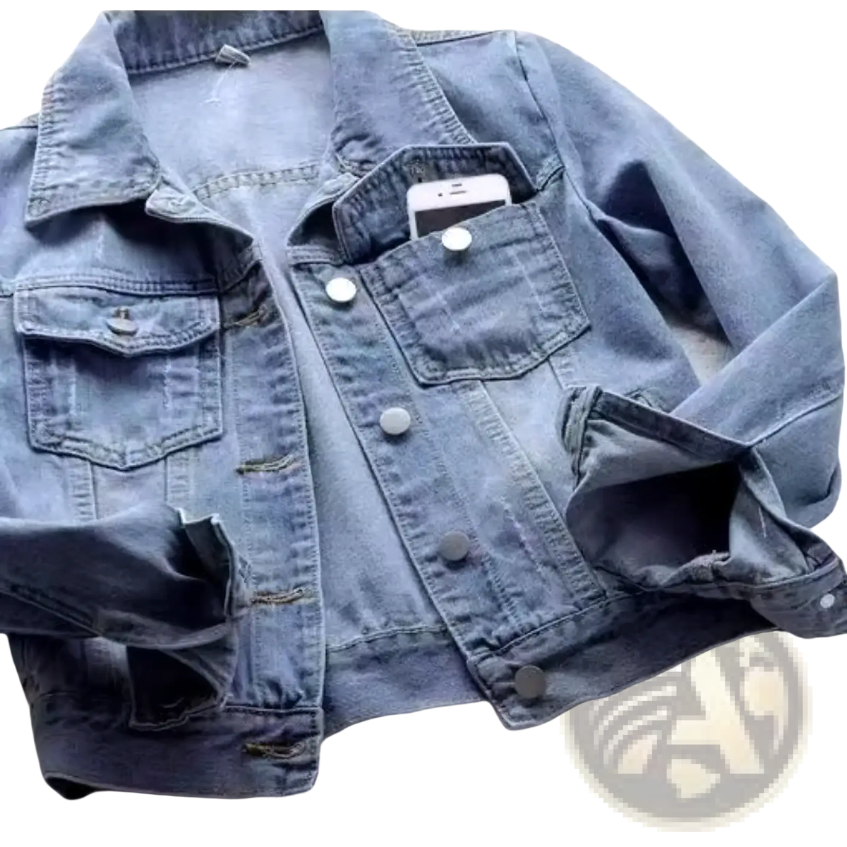 A light-wash denim padded winter jacket for women with fleece lining and a smartphone in a chest pocket