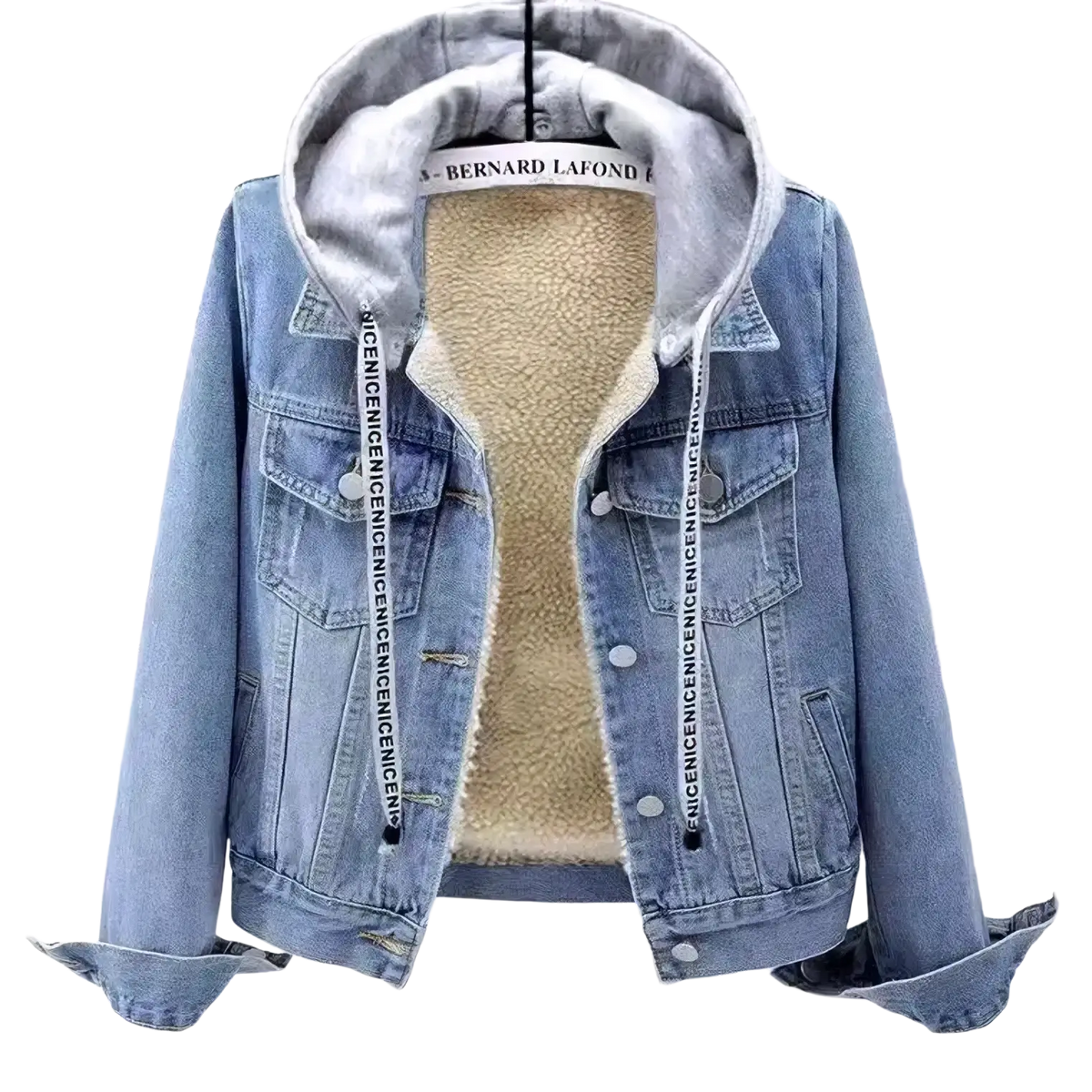Light-wash denim padded winter jacket for women with plush beige fleece lining and gray interior hoodie trim