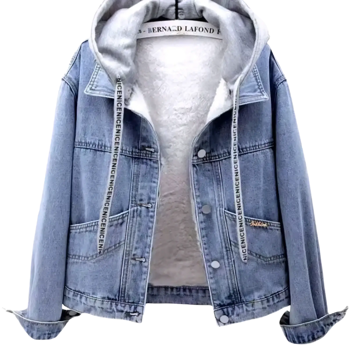 Light-wash denim padded winter jacket for women with gray fleece lining and nicenicenicenice text on drawstrings