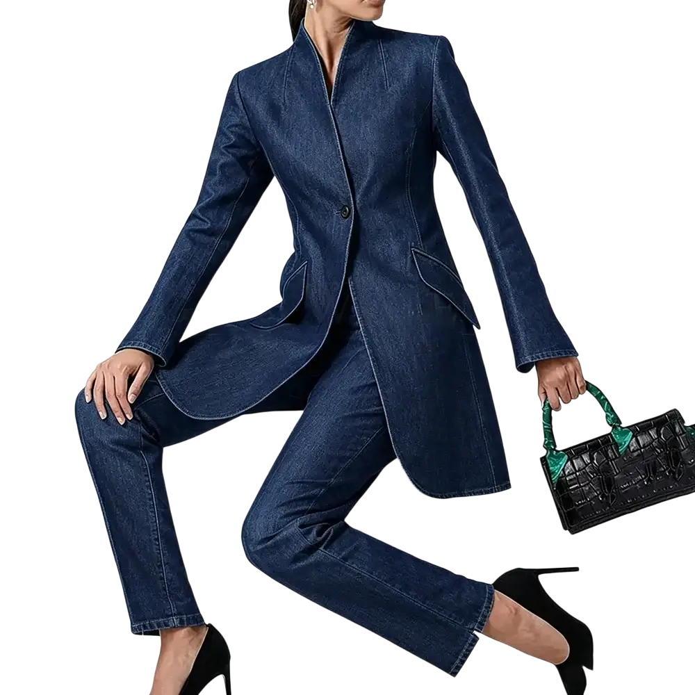 Dark blue denim pant suit two piece set for women featuring slim fit tailored blazer and matching pants