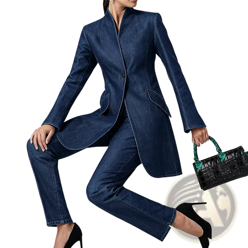 Dark blue denim pant suit two piece set for women featuring slim fit tailored blazer and matching pants