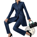 Dark blue denim pant suit two piece set for women featuring slim fit tailored blazer and matching pants