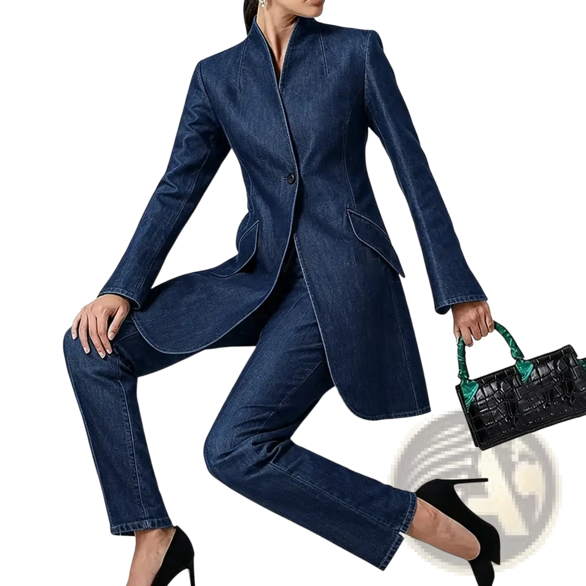 Dark blue denim pant suit two piece set for women featuring slim fit tailored blazer and matching pants