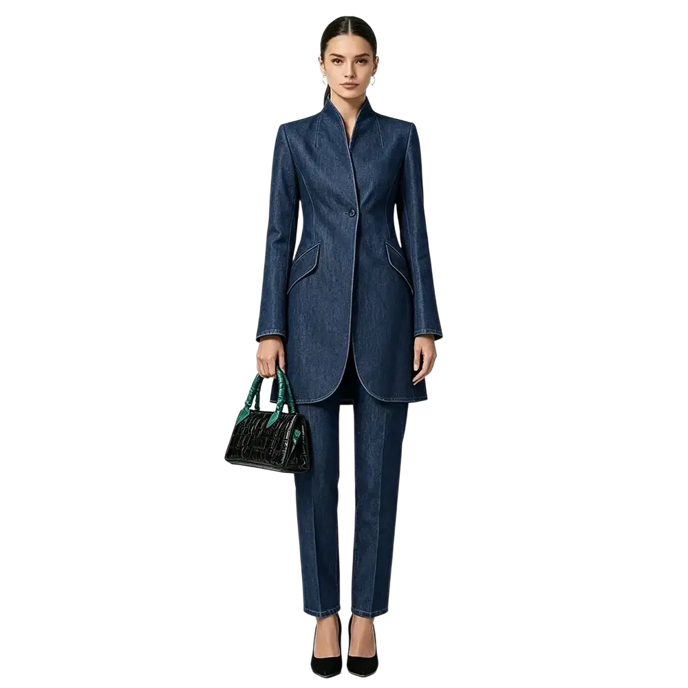 Denim pant suit two piece set women slim fit medium blue with tailored blazer and matching trousers featuring subtle stitching