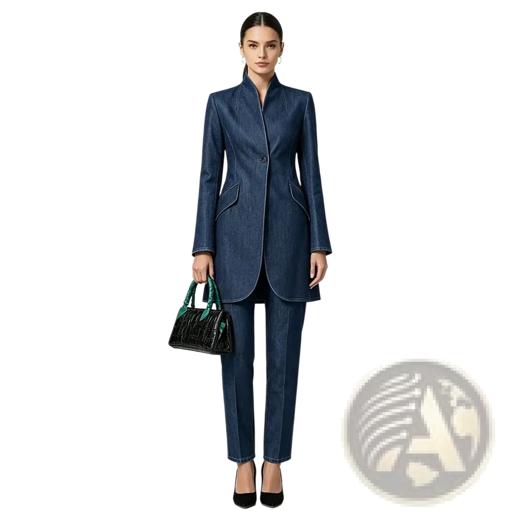 Denim pant suit two piece set women slim fit medium blue with tailored blazer and matching trousers featuring subtle stitching
