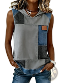Sleeveless denim hoodie top for women with a patchwork design of gray blue and black textured panels