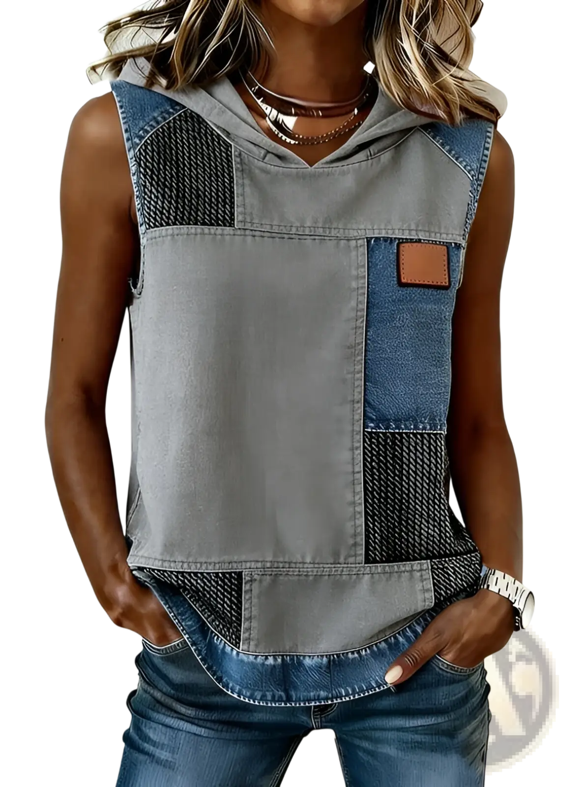 Sleeveless denim hoodie top for women with a patchwork design of gray blue and black textured panels