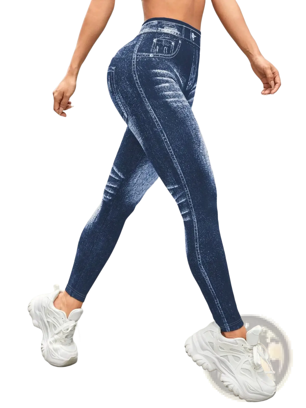 Dark blue denim print high waisted yoga leggings with realistic stitching details and a denim pattern