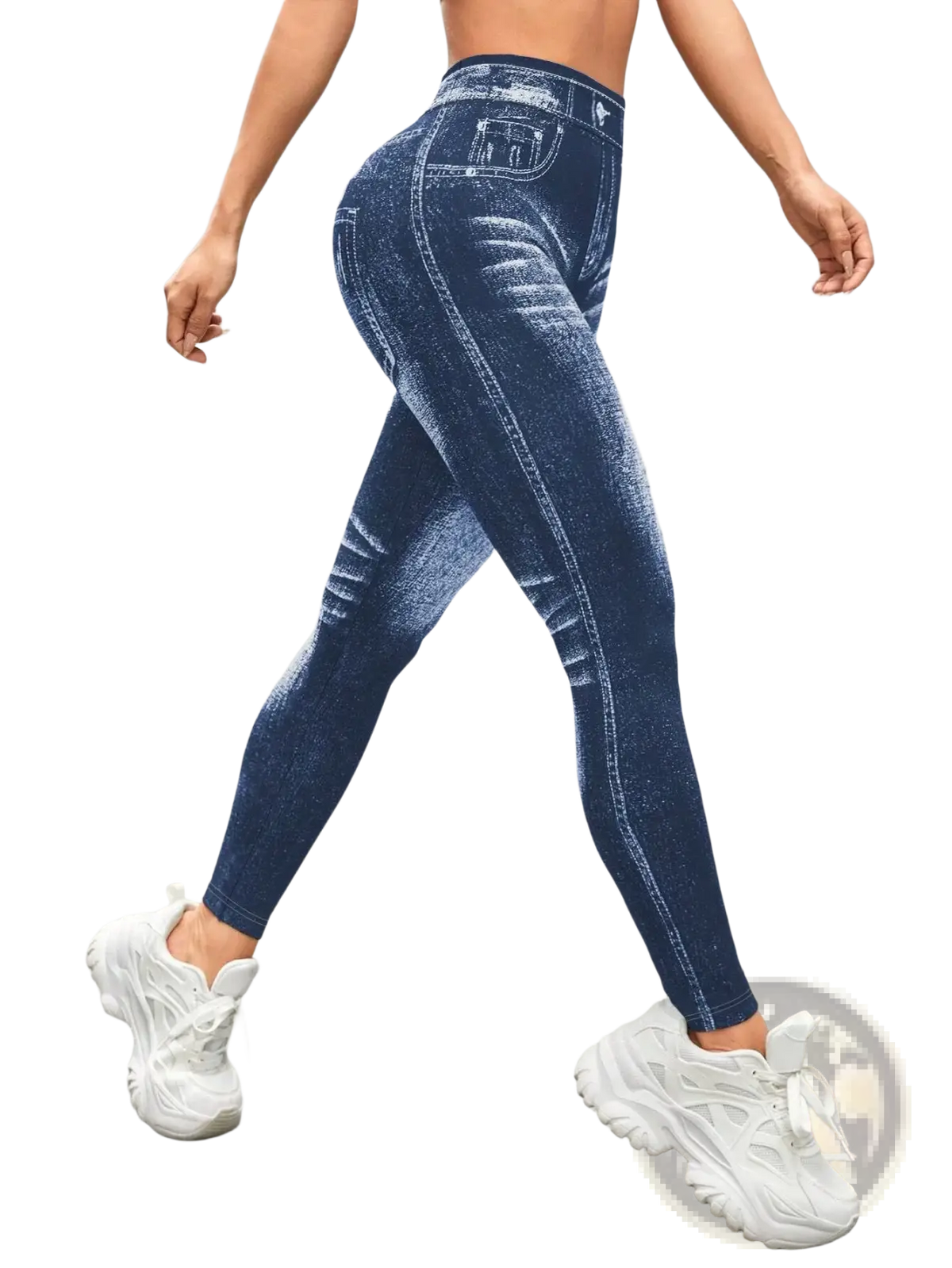 Dark blue denim print high waisted yoga leggings with realistic stitching details and a denim pattern