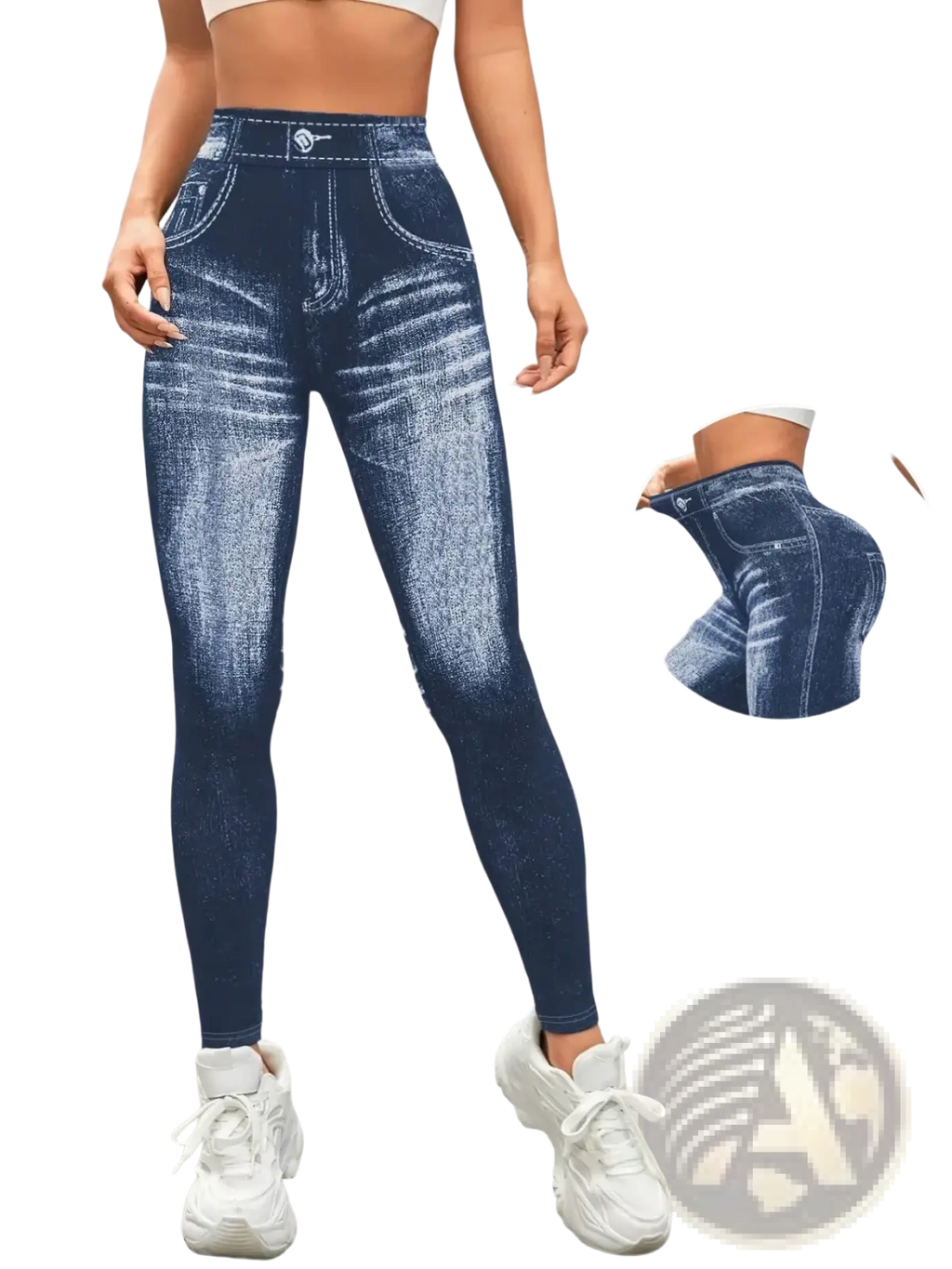 Dark blue denim print high waisted yoga leggings with a stretchy form fitting denim patterned design
