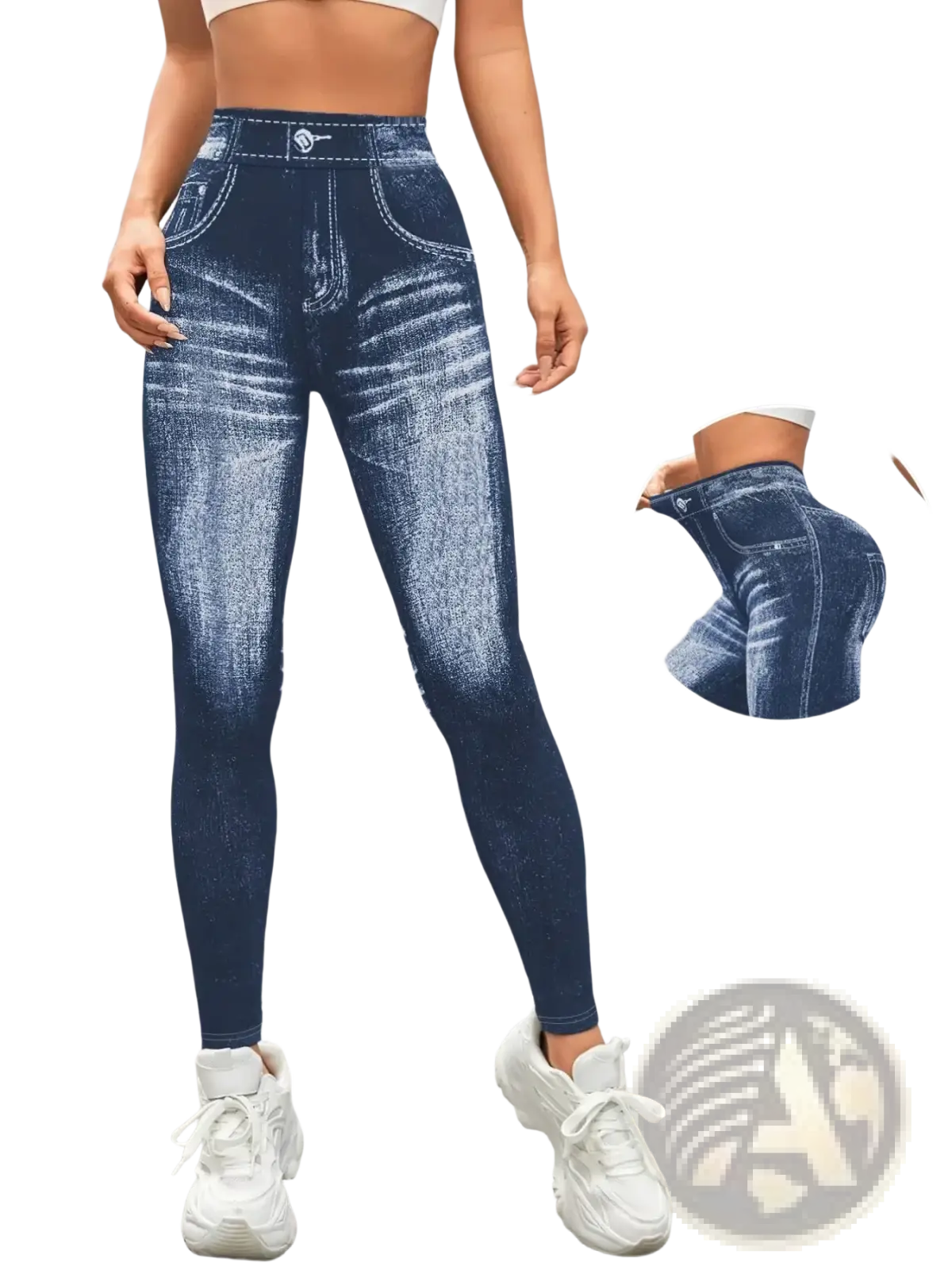 Dark blue denim print high waisted yoga leggings with a stretchy form fitting denim patterned design