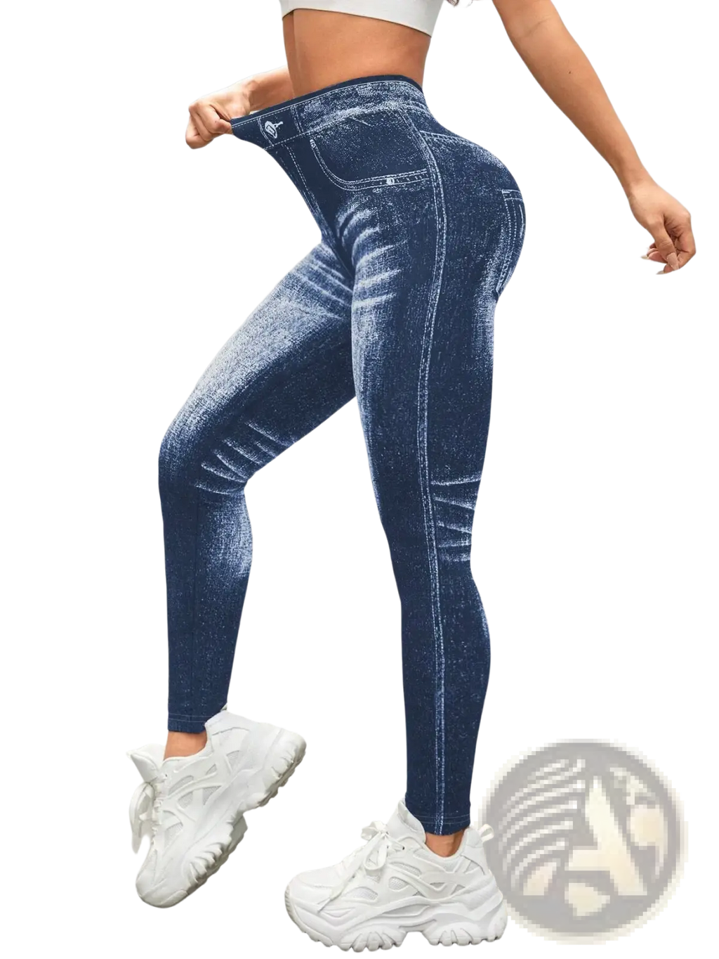 Dark blue denim print high waisted yoga leggings with form fitting design and subtle fading effects