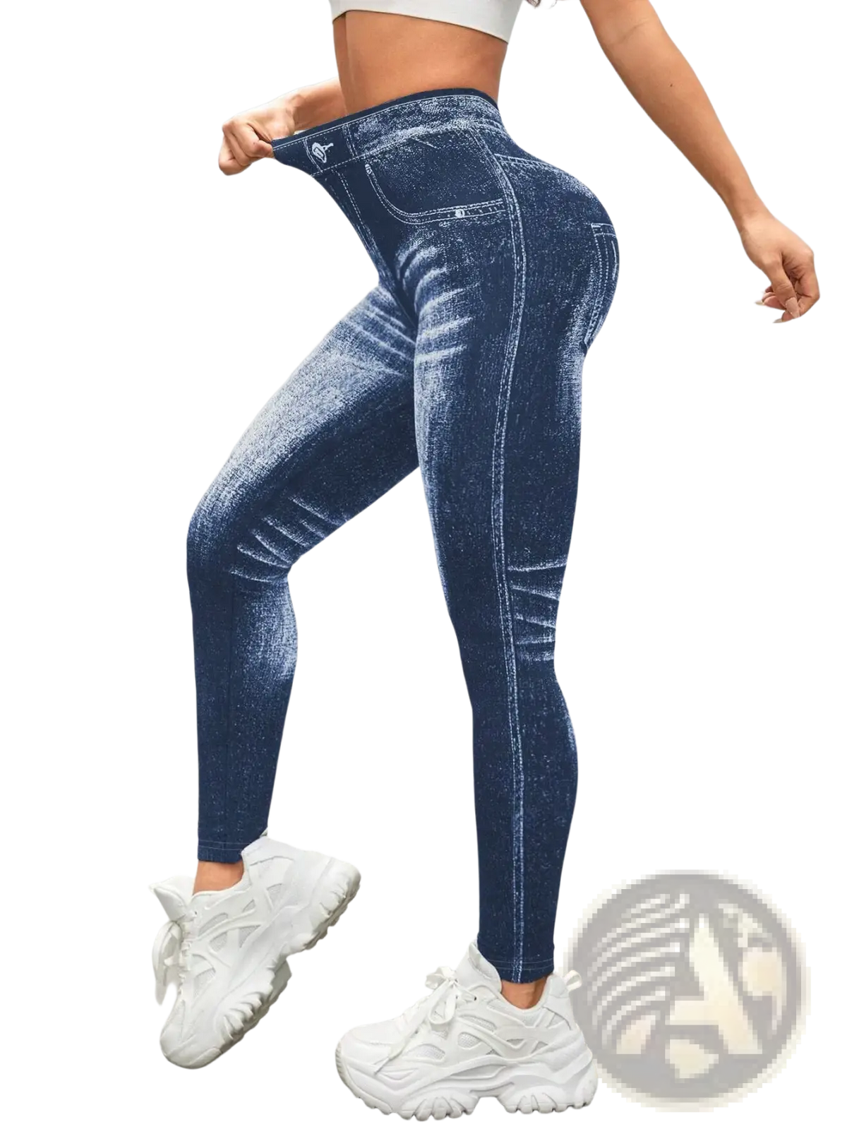 Dark blue denim print high waisted yoga leggings with form fitting design and subtle fading effects