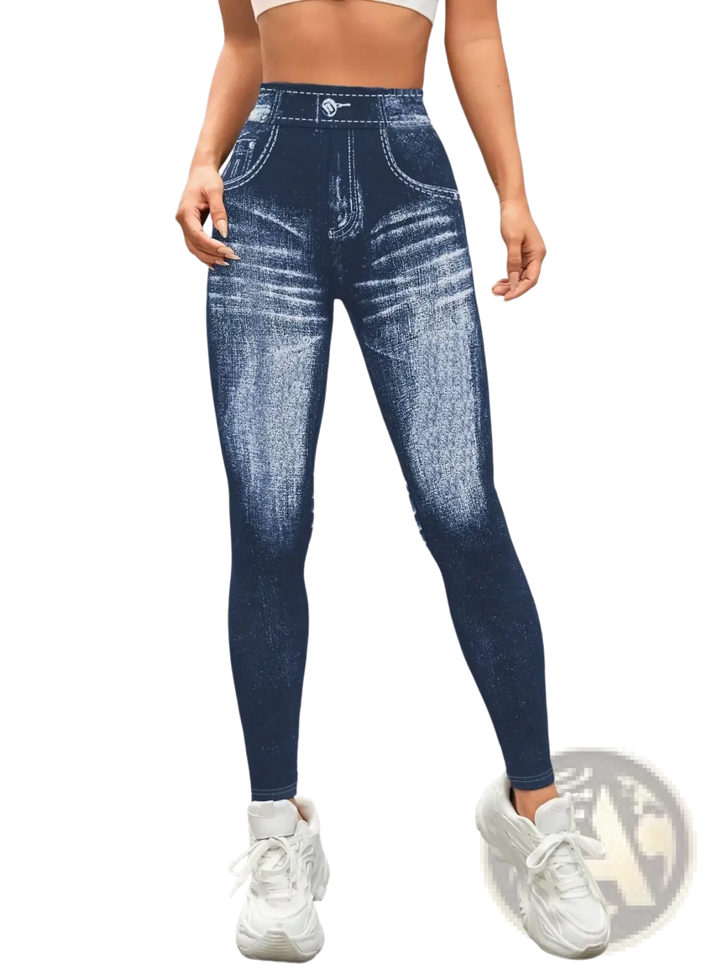 High-waisted denim print yoga leggings in dark blue with a faded distressed design and stretchy fabric