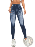 High-waisted denim print yoga leggings in dark blue with a faded distressed design and stretchy fabric