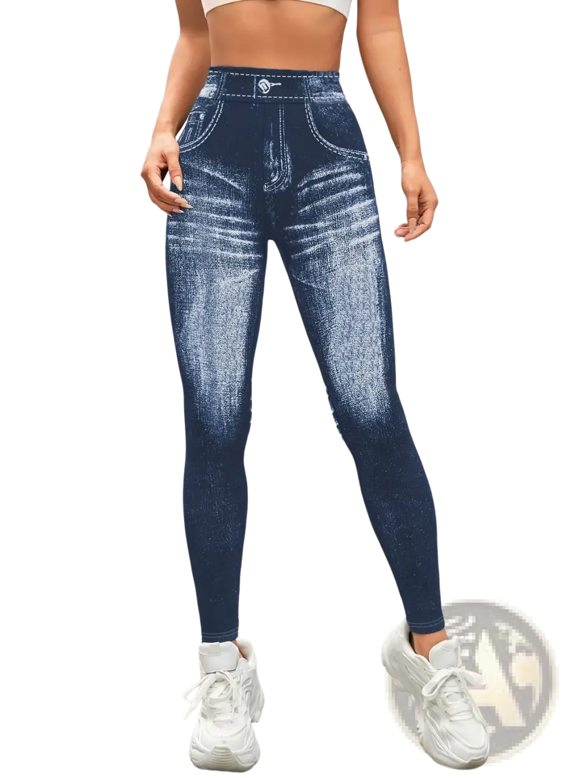 High-waisted denim print yoga leggings in dark blue with a faded distressed design and stretchy fabric
