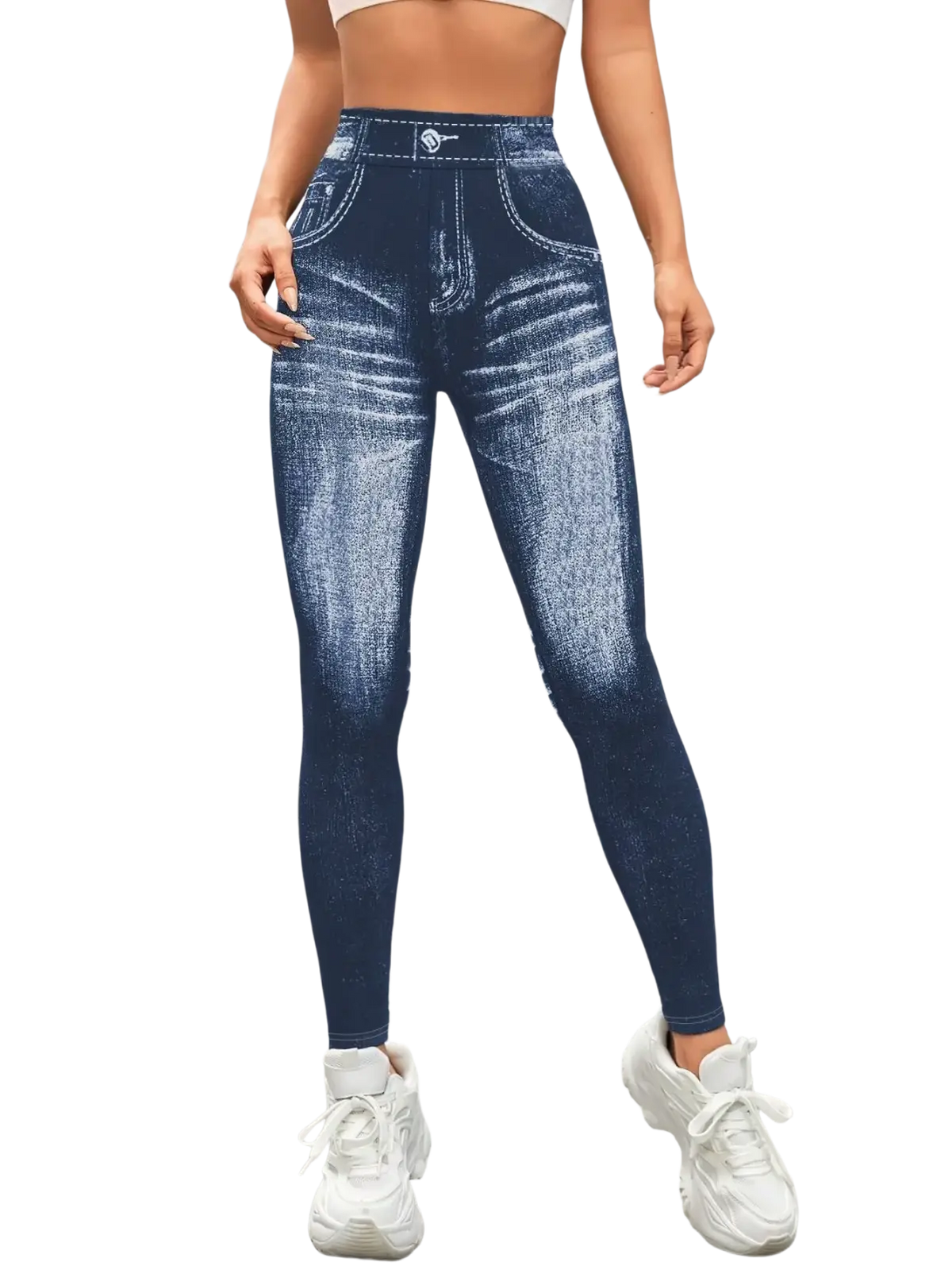 High-waisted denim print yoga leggings in dark blue with a faded distressed design and stretchy fabric