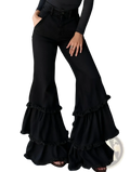 Denim print ruffled flared pants in black with layered ruffle detailing at the hem for a stylish look