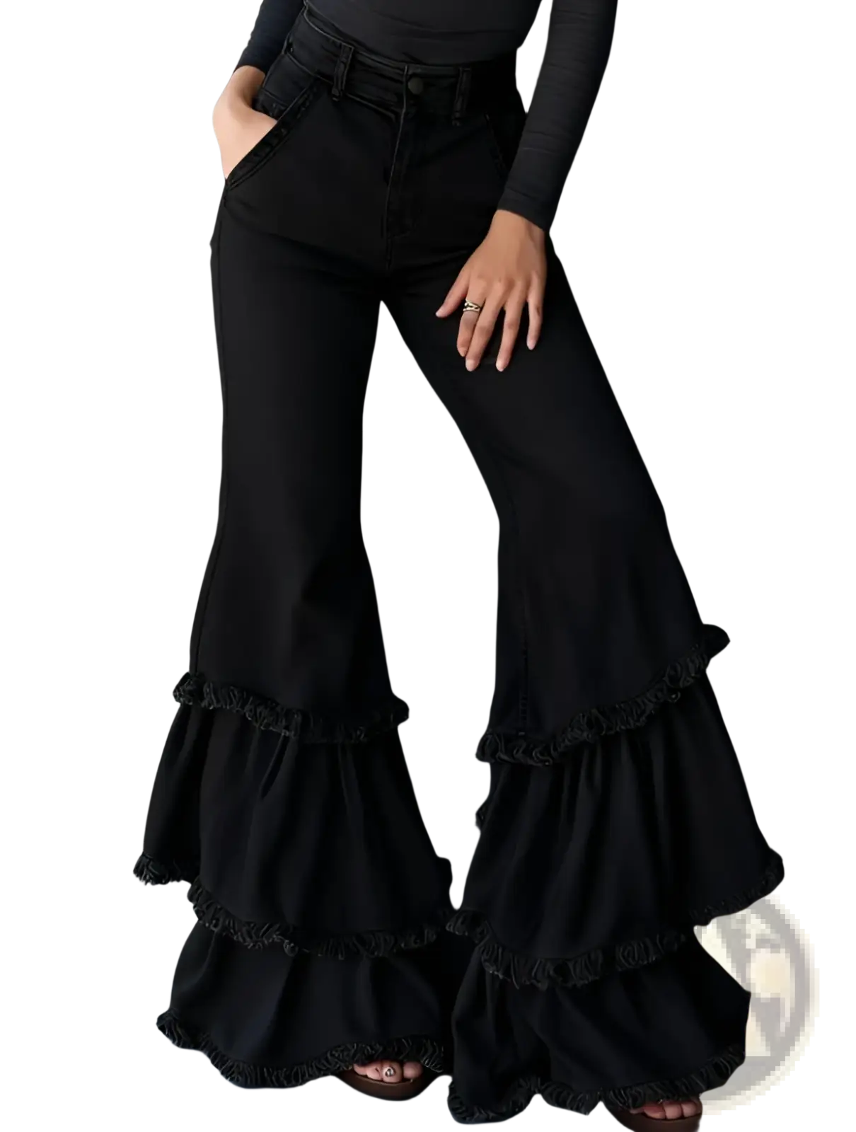 Denim print ruffled flared pants in black with layered ruffle detailing at the hem for a stylish look