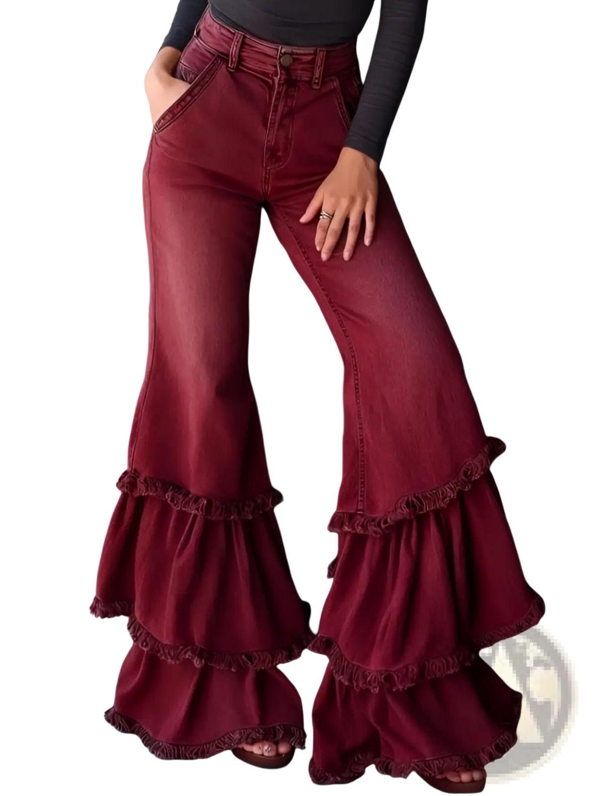 Maroon denim print flared pants with layered ruffled hems showing the back side of the design