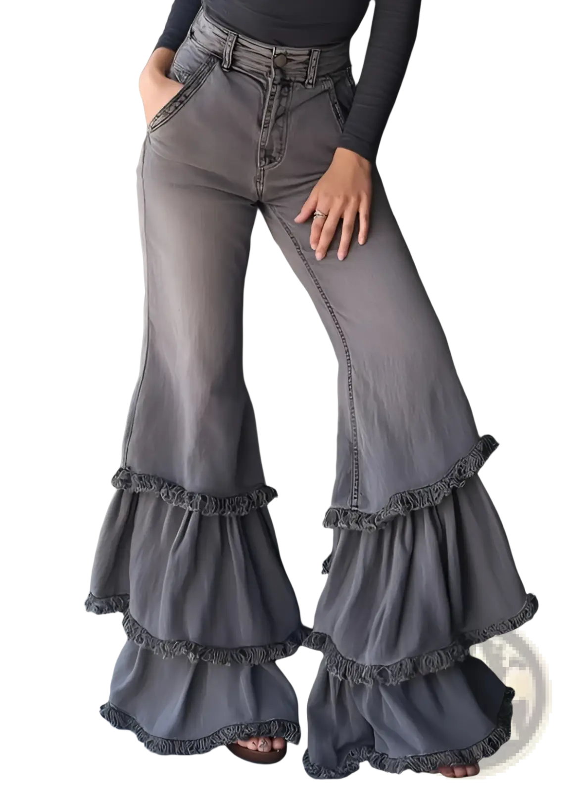 Gray denim print flared pants featuring layered ruffled hems for a stylish and unique casual look