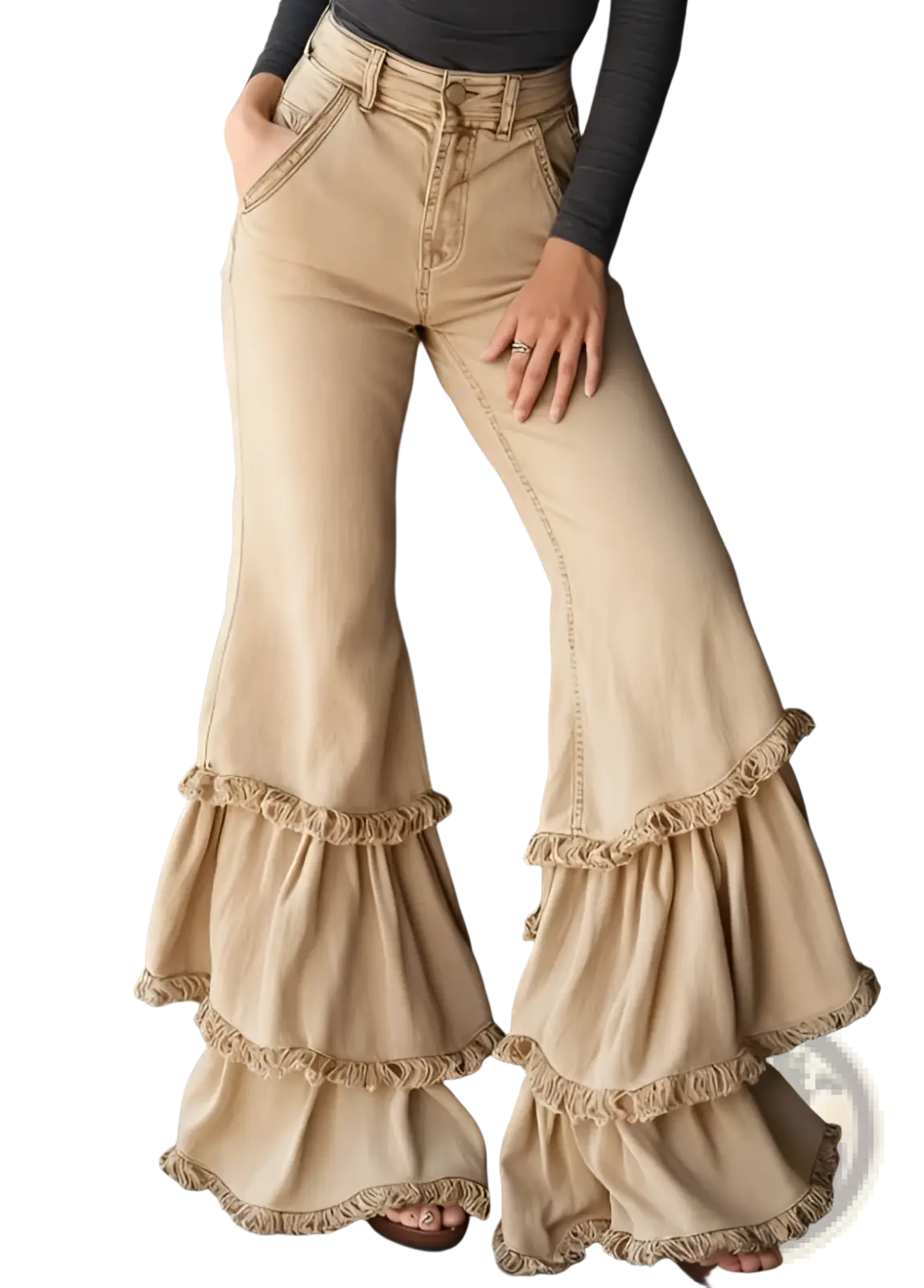 Beige denim print ruffled flared pants featuring layered ruffled hems for a stylish and casual look