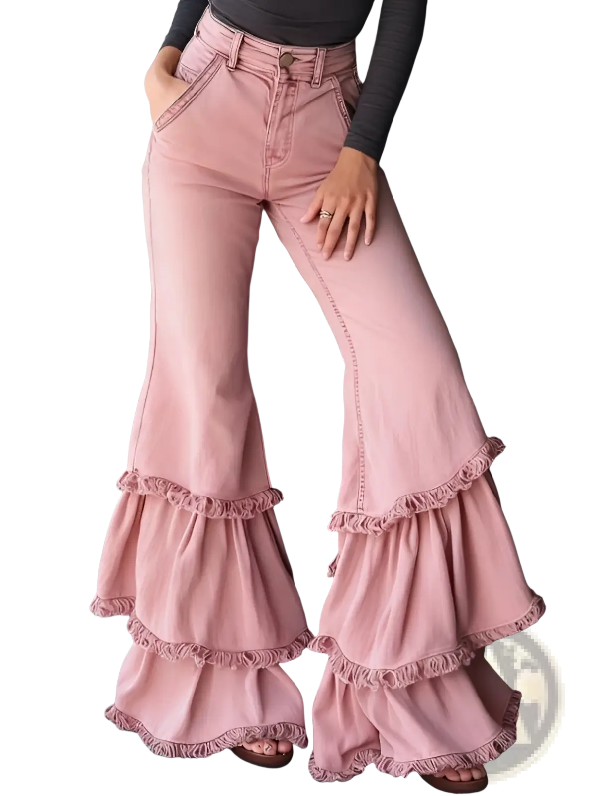 Pink denim print flared pants with layered ruffled hems showcasing the front view of the design