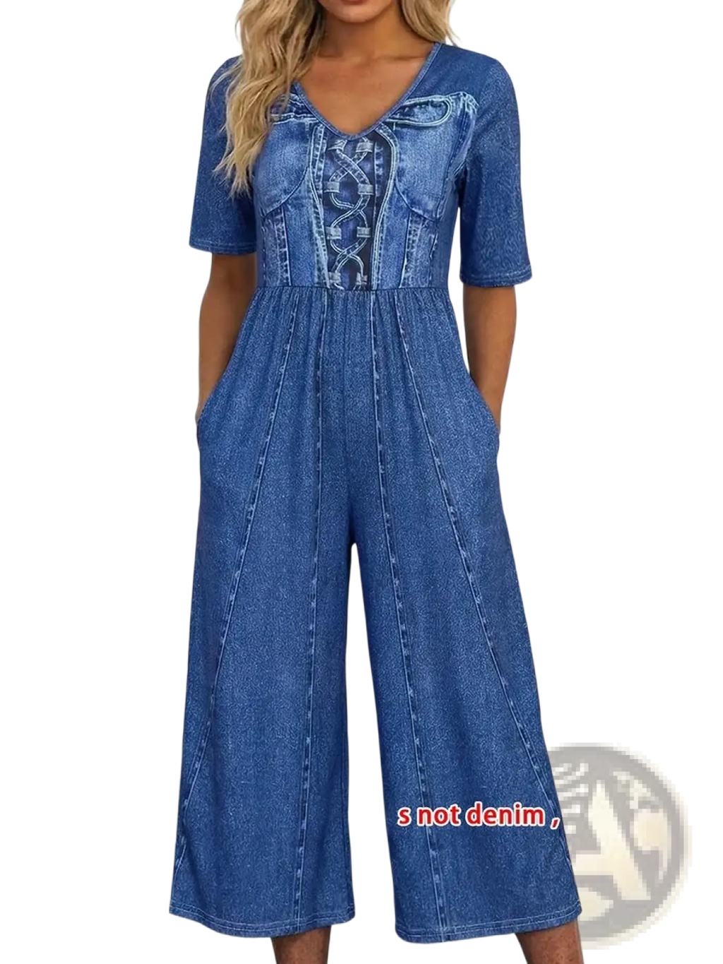 Blue denim print short sleeve wide leg jumpsuit with v neck and lace up front detailing
