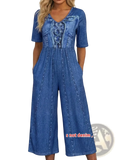 Blue denim print short sleeve wide leg jumpsuit with v neck and lace up front detailing