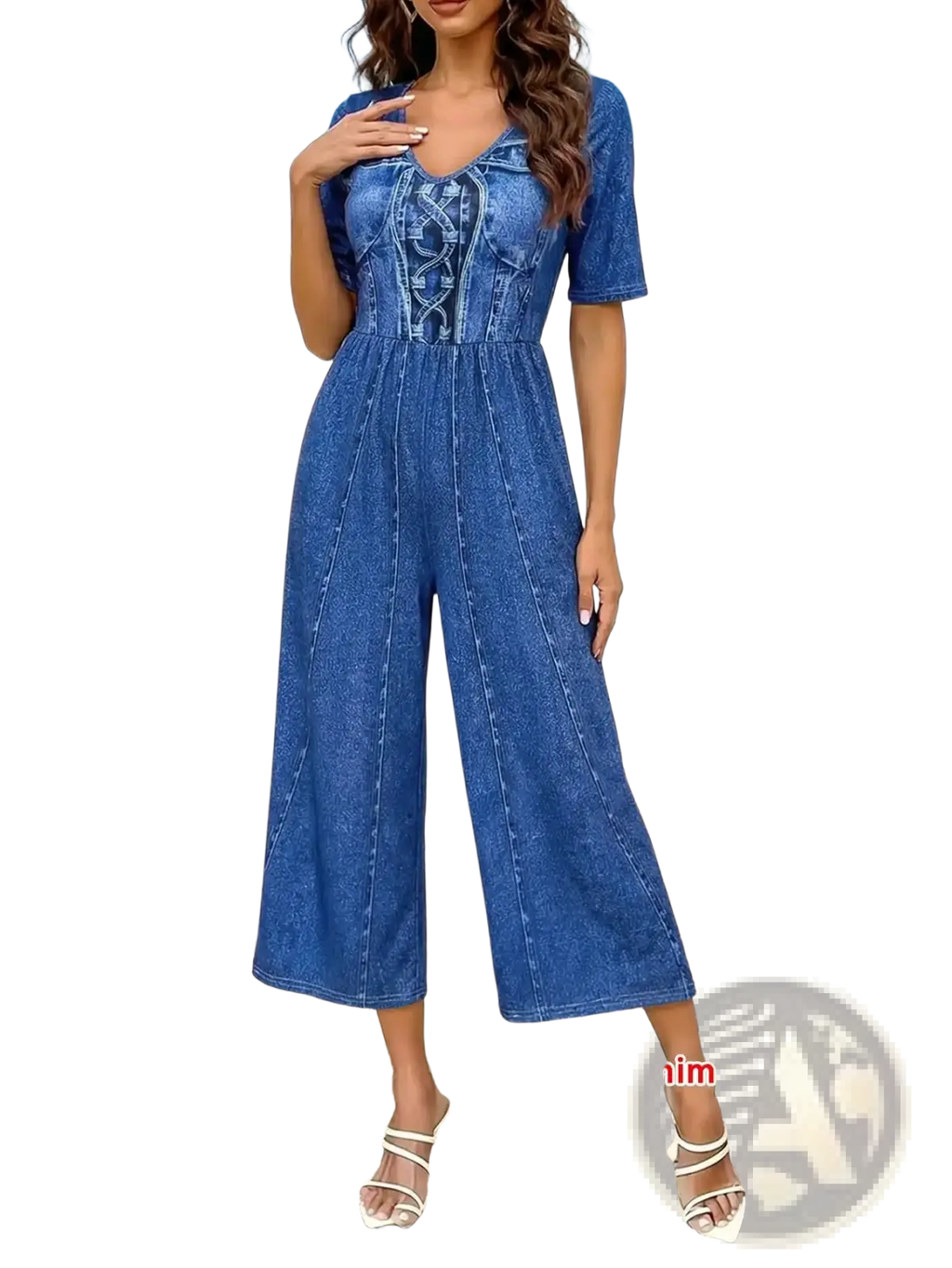 Blue denim-style wide leg jumpsuit with lace-up front and short sleeves in a casual design